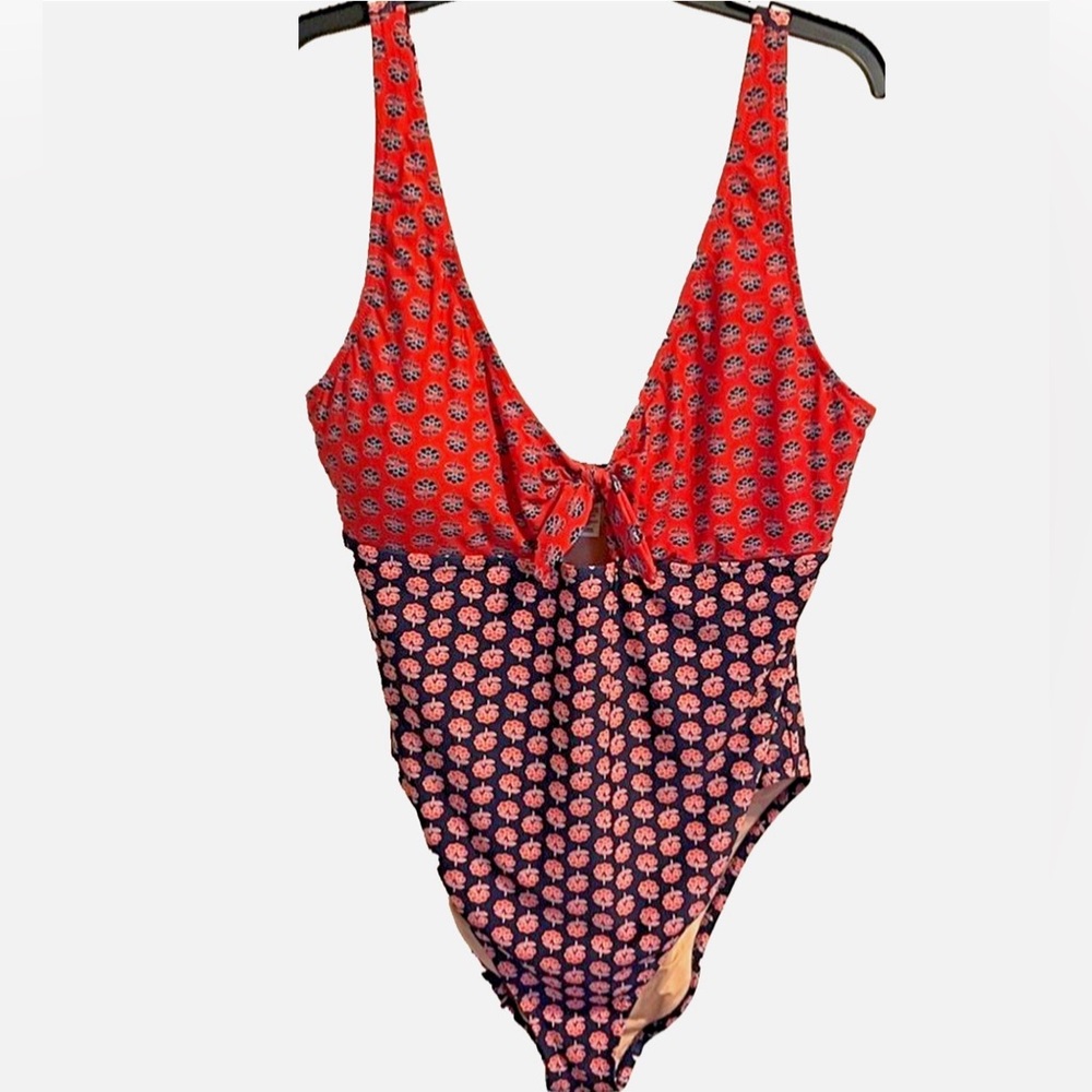 J.Crew Plus 2X One Piece Swimsuit Red Navy Floral Tummy Control Tie Front